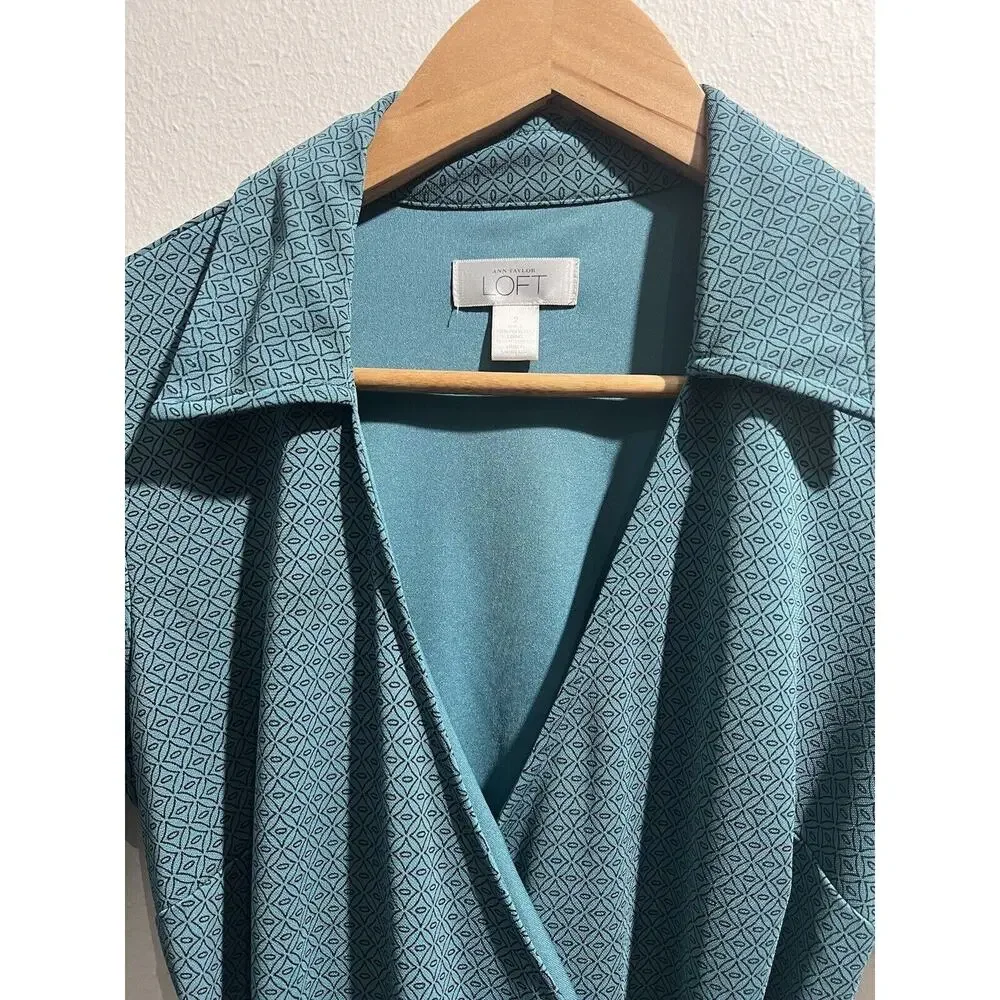 LOFT Size 2 Teal Green Black Printed Wrap Dress Long Sleeve - Picture 7 of 8